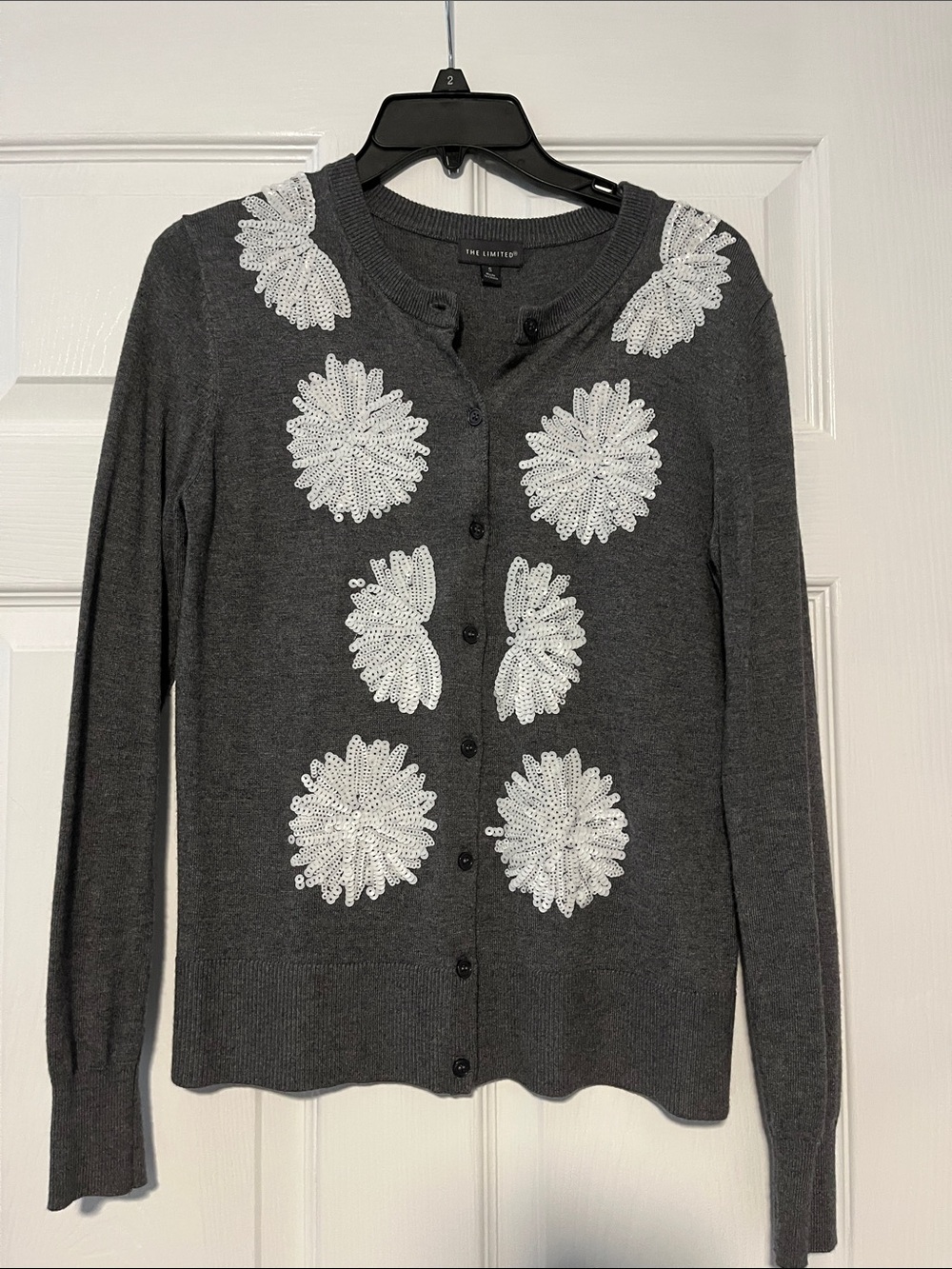The Limited Charcoal Gray Cardigan with White Floral Appliqués Size Small